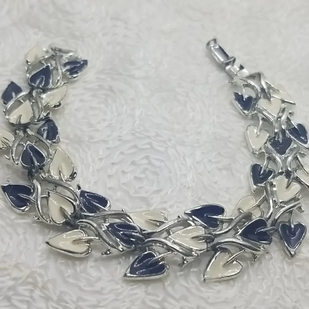 Coro Bracelet Leaf Black White Leaves Enamel Link Vintage Bracelet